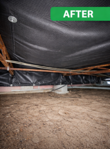 Clean, professionally installed vapor barrier under a Florida mobile home, sealed to protect against moisture, mold, and high humidity.