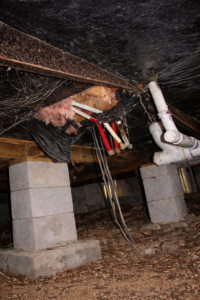 Damaged vapor barrier under a Florida mobile home showing torn plastic, exposed insulation, and moisture issues