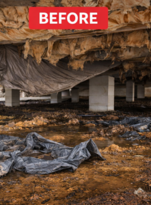 Before image showing a torn and deteriorated vapor barrier under a Florida mobile home with exposed soil and moisture issues.