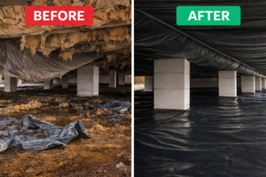 Before image showing a torn and deteriorated vapor barrier under a Florida mobile home with exposed soil and moisture issues