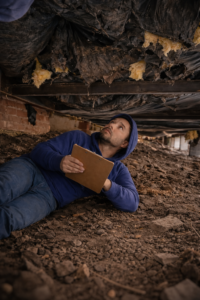 Mobile home crawl space inspection showing severely torn vapor barrier, exposed insulation, and dirt floor in Florida.