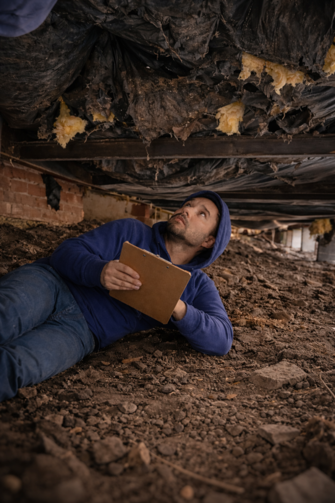 Mobile home crawl space inspection showing severely torn vapor barrier, exposed insulation, and dirt floor in Florida.