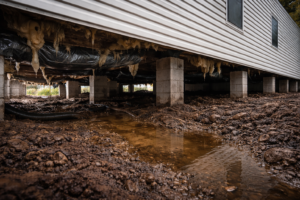 Standing water and moisture buildup beneath a mobile home crawlspace before vapor barrier installation in Florida.