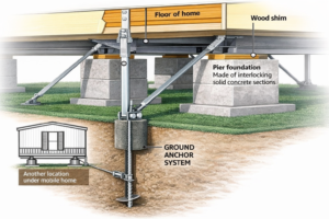 Mobile home hurricane anchor system installed in Florida soil for storm protection.