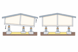 Before and after diagram showing a slightly unlevel mobile home corrected through professional re-leveling with adjusted support piers