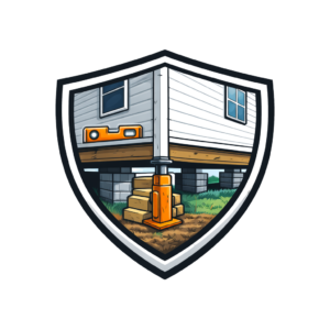 Mobile home releveling service icon showing home being leveled on support piers.