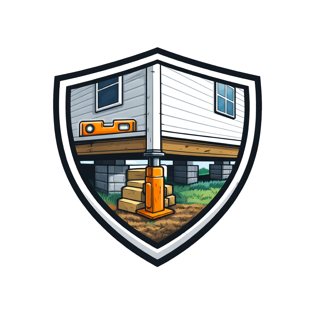 Mobile home releveling service icon showing home being leveled on support piers.