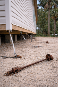 Mobile home before tie downs are installed showing lack of proper anchoring.