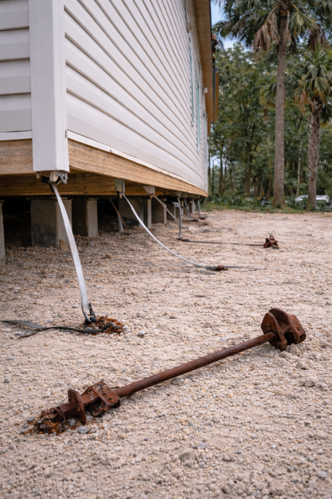 Mobile home before tie downs are installed showing lack of proper anchoring.