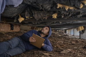 Inspector evaluating severely damaged vapor barrier and exposed dirt in a Florida mobile home crawl space.