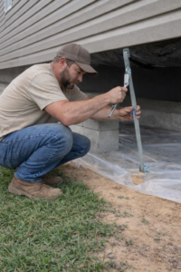 Technician installing mobile home anchors beneath a manufactured home during installation.
