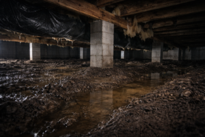 Moisture and standing water beneath a home crawlspace before professional vapor barrier installation by UnderHome Armor.