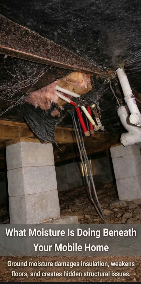 amaged underbelly on mobile home with torn vapor barrier and exposed insulation before repair