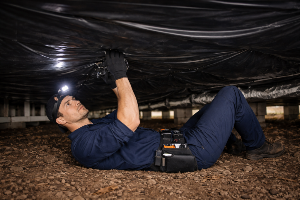 technician installing underbelly on mobile home