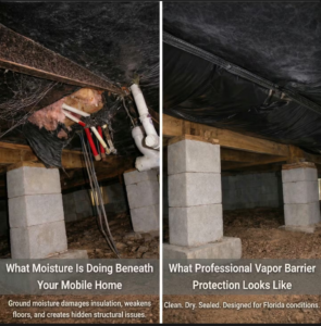 before and after mobile home underbelly repair showing damaged vapor barrier with exposed insulation replaced by new sealed vapor barrier