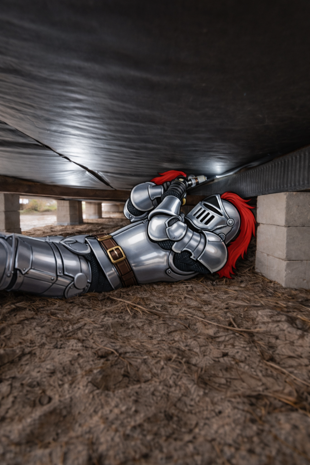 Knight repairing underbelly on mobile home